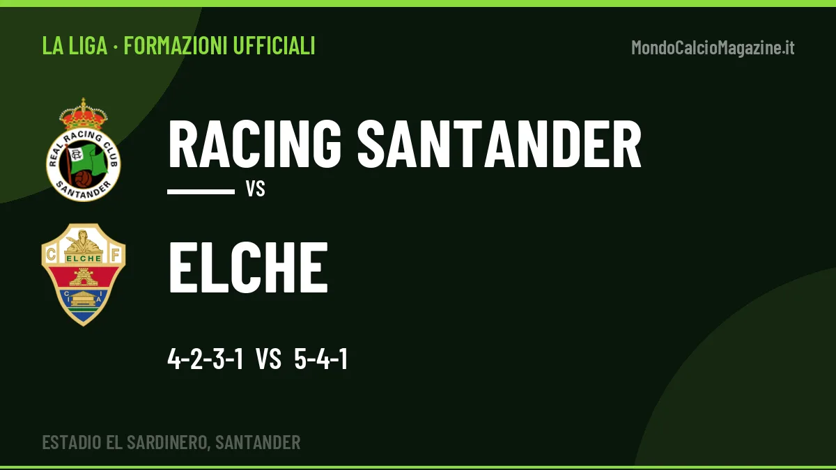 Le formazioni ufficiali di Racing Santander-Elche: Anselmi risponde col 5-4-1