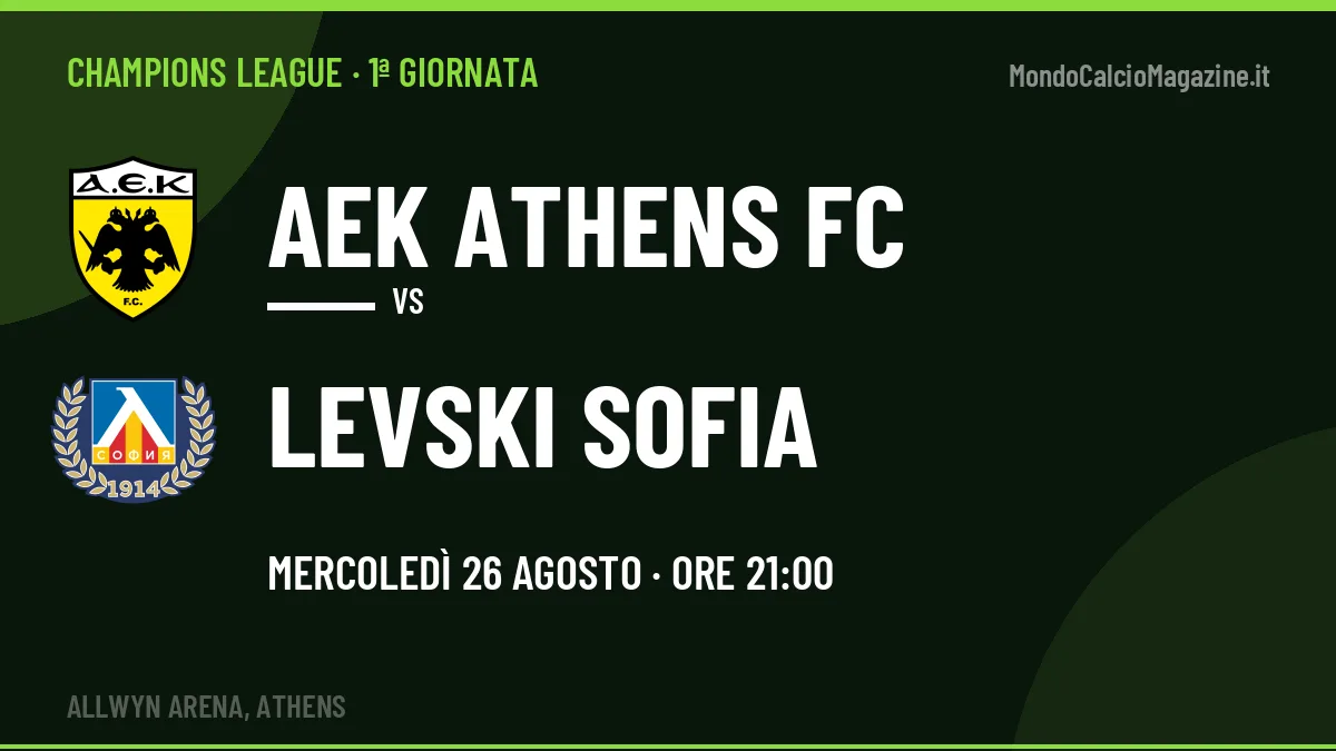 AEK Athens FC-Levski Sofia Champions League 1ª giornata: orario, TV, streaming e probabili formazioni