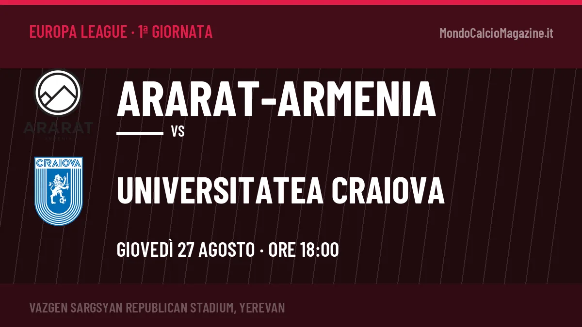 Ararat-Armenia-Universitatea Craiova Europa League 1ª giornata: orario, TV, streaming e probabili formazioni