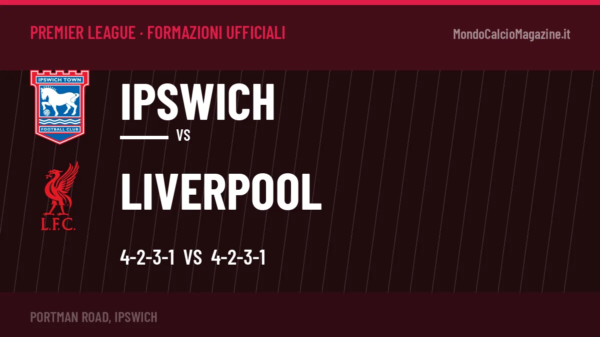 Le formazioni ufficiali di Ipswich-Liverpool: 4-2-3-1 contro 4-2-3-1