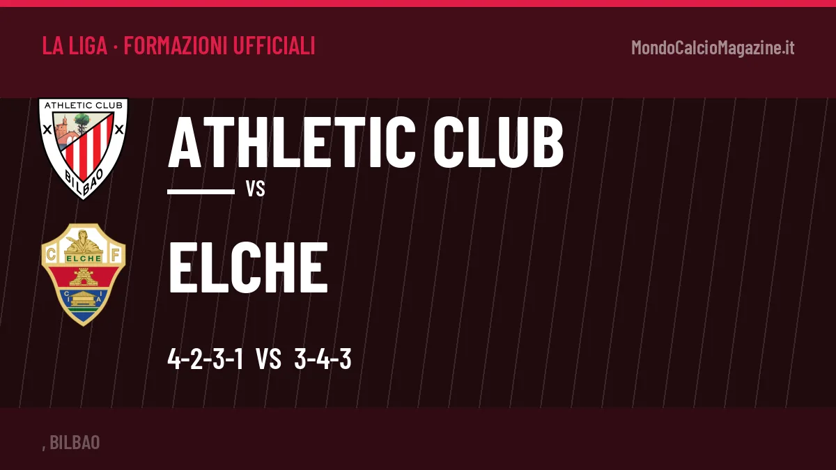 Formazioni ufficiali: Athletic Club col 4-2-3-1, Elche col 3-4-3