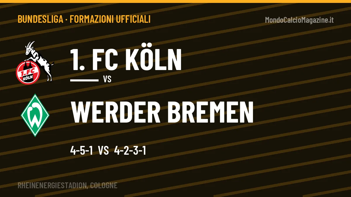Le formazioni ufficiali di 1. FC Köln-Werder Bremen: 4-5-1 contro 4-2-3-1