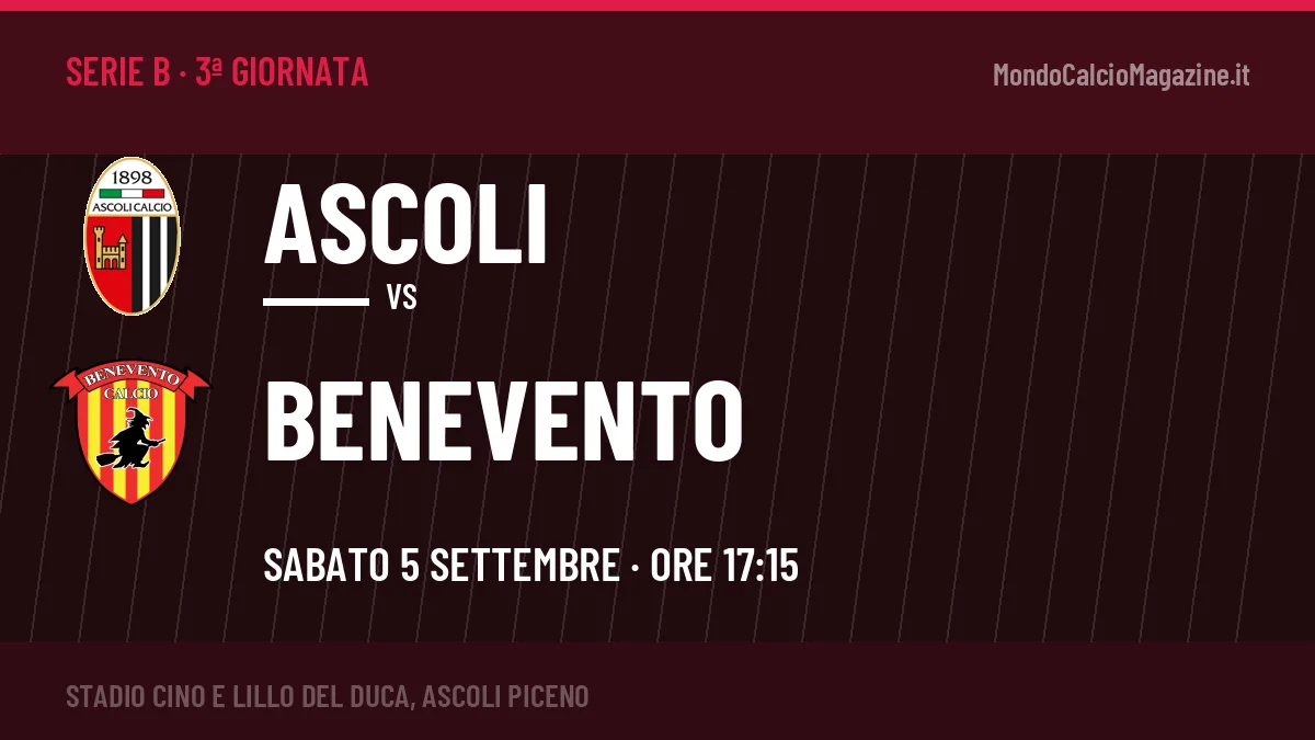 Ascoli-Benevento Serie B 3ª giornata: orario, TV, streaming e probabili formazioni