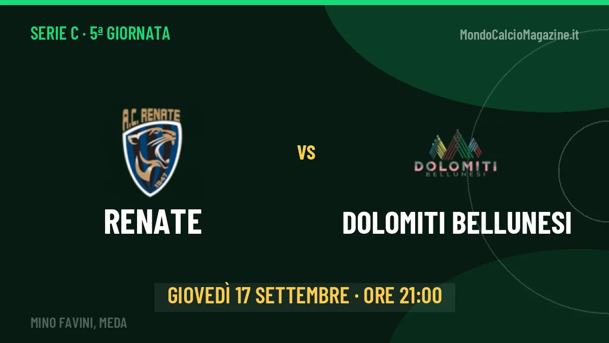 Renate-Dolomiti Bellunesi Serie C 5ª giornata: orario, TV, streaming e probabili formazioni