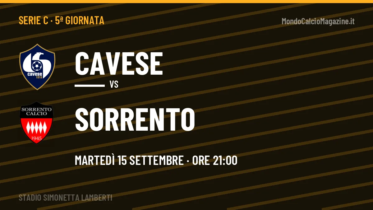 Cavese-Sorrento (mar 15/09 ore 21:00): probabili formazioni, statistiche e quote