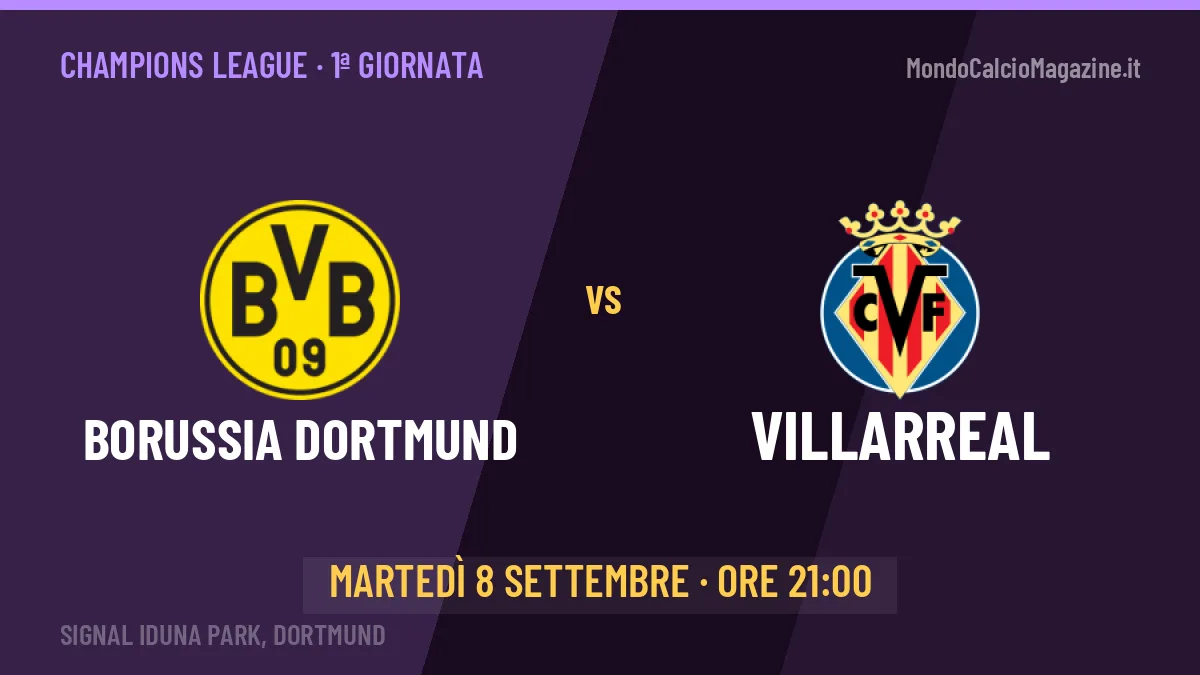 Borussia Dortmund-Villarreal Champions League 1ª giornata: orario, TV, streaming e probabili formazioni