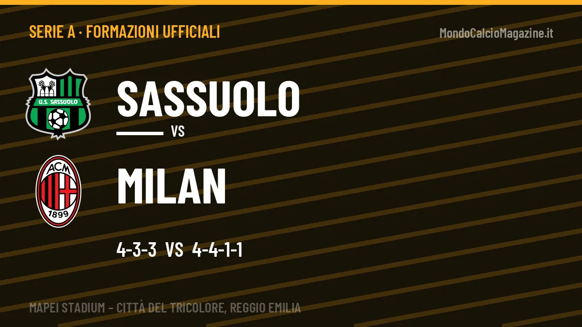 Le formazioni ufficiali di Sassuolo-Milan: 4-3-3 contro 4-4-1-1