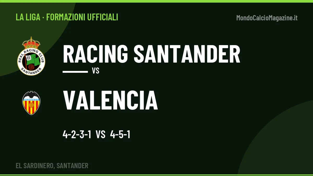 Formazioni ufficiali: Racing Santander col 4-2-3-1, Valencia col 4-5-1