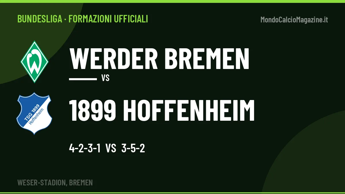 Formazioni ufficiali: Werder Bremen col 4-2-3-1, 1899 Hoffenheim col 3-5-2