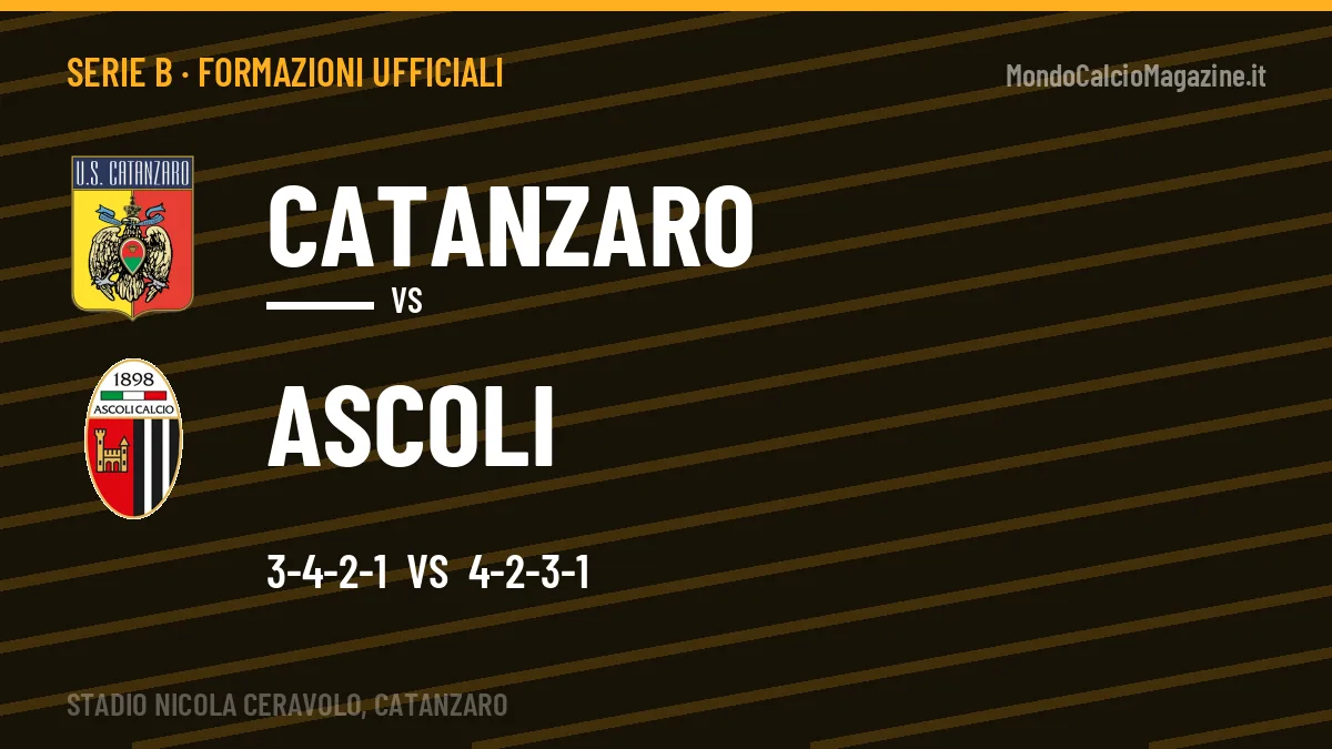 Le formazioni ufficiali di Catanzaro-Ascoli: 3-4-2-1 contro 4-2-3-1