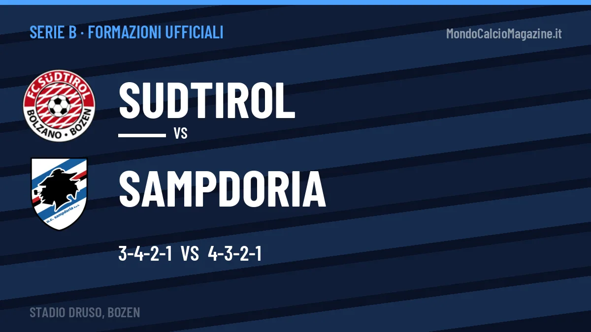 Le formazioni ufficiali di Sudtirol-Sampdoria: D'Angelo risponde col 4-3-2-1