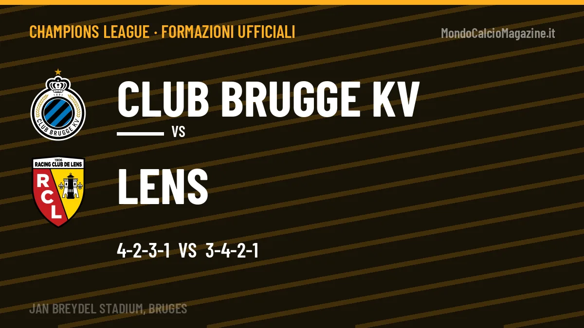 Le formazioni ufficiali di Club Brugge KV-Lens: 4-2-3-1 contro 3-4-2-1