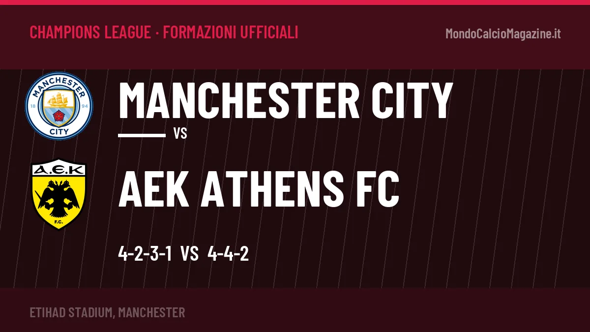 Le formazioni ufficiali di Manchester City-AEK Athens FC: 4-2-3-1 contro 4-4-2