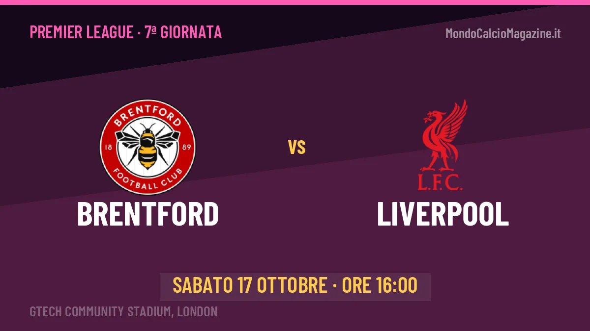 Brentford-Liverpool Premier League 7ª giornata: orario, TV, streaming e probabili formazioni