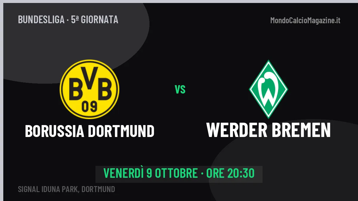 Borussia Dortmund-Werder Bremen (ven 09/10 ore 20:30): probabili formazioni, statistiche e quote