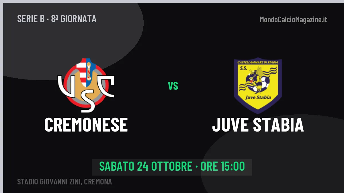 Cremonese-Juve Stabia Serie B 8ª giornata: orario, TV, streaming e probabili formazioni