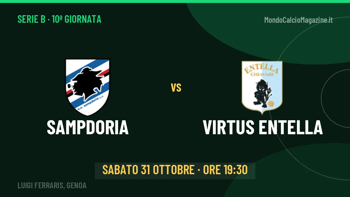 Sampdoria Virtus Entella in streaming: dove vedere la partita, orario e probabili formazioni