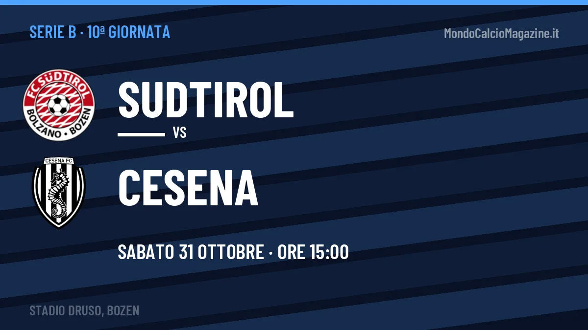 Dove vedere Sudtirol-Cesena in TV e streaming: orario, canale e formazioni