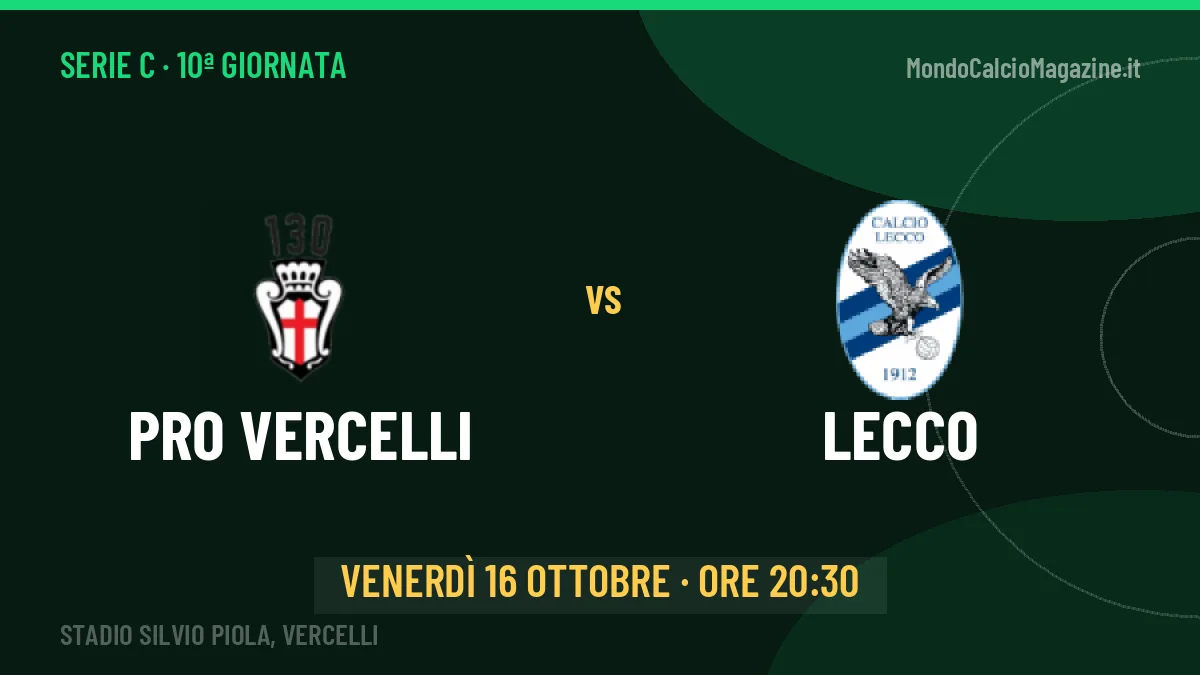 PRO Vercelli-Lecco (ven 16/10 ore 20:30): probabili formazioni, statistiche e quote