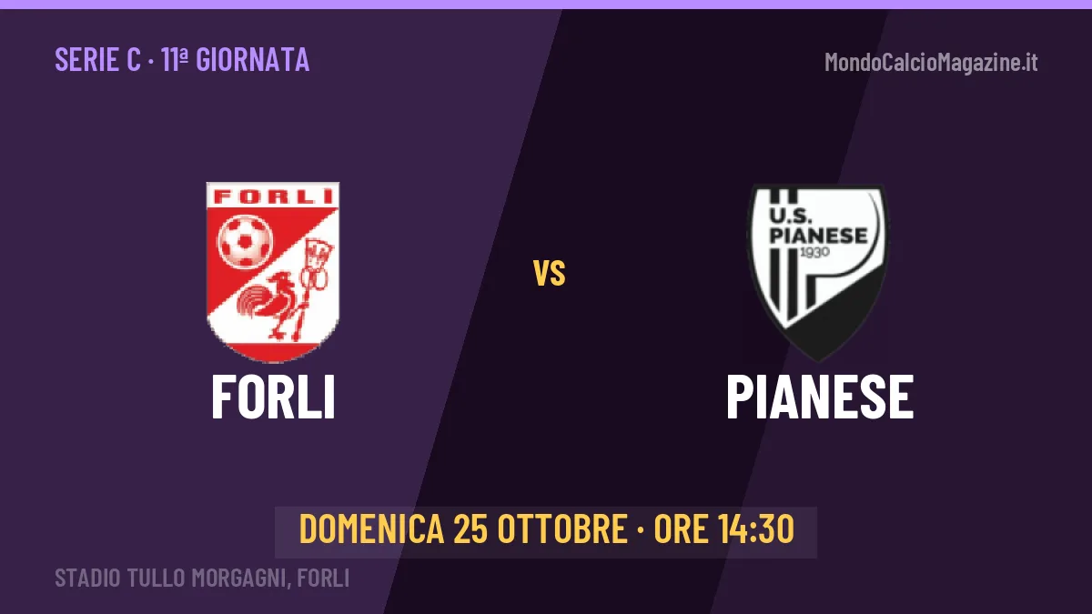 Forli-Pianese Serie C 11ª giornata: orario, TV, streaming e probabili formazioni