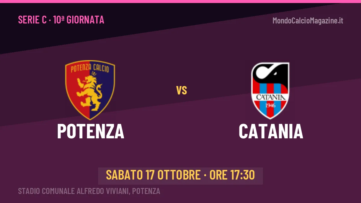 Potenza-Catania Serie C 10ª giornata: orario, TV, streaming e probabili formazioni